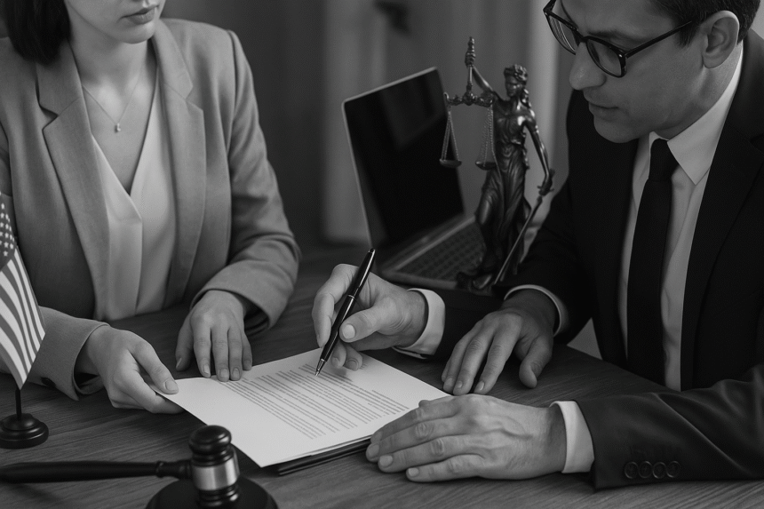 A grayscale image of two professionals reviewing and signing a legal document in a formal setting, symbolizing careful legal review when signing with a guest instructor.