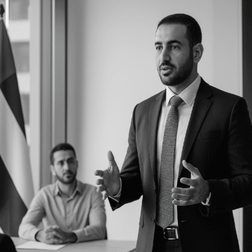 Ahmed Mahmoud Ten-O-One legal advisory delivering a strategic business presentation with the UAE flag in the background.