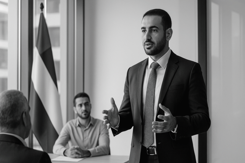 Ahmed Mahmoud Ten-O-One legal advisory delivering a strategic business presentation with the UAE flag in the background.