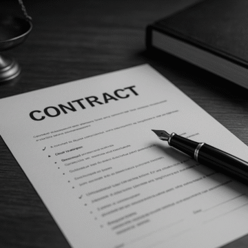 A grayscale photograph of a contract document with a fountain pen, glasses, legal scales, and a book on a desk featuring common contract risks.