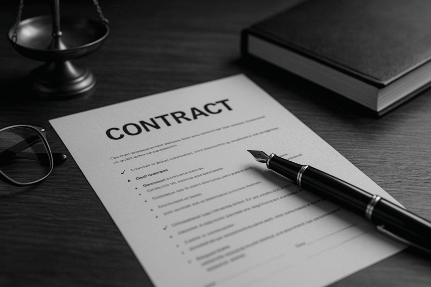 A grayscale photograph of a contract document with a fountain pen, glasses, legal scales, and a book on a desk featuring common contract risks.
