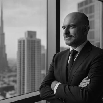 A middle-aged private equity leader in a suit stands confidently by a large office window in Abu Dhabi, reflecting the global strategy of BlueFive Capital.