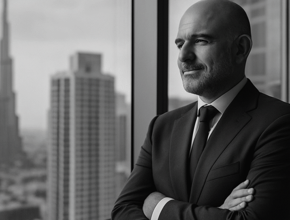BlueFive Capital at Seven Months A middle-aged private equity leader in a suit stands confidently by a large office window in Abu Dhabi, reflecting the global strategy of BlueFive Capital.