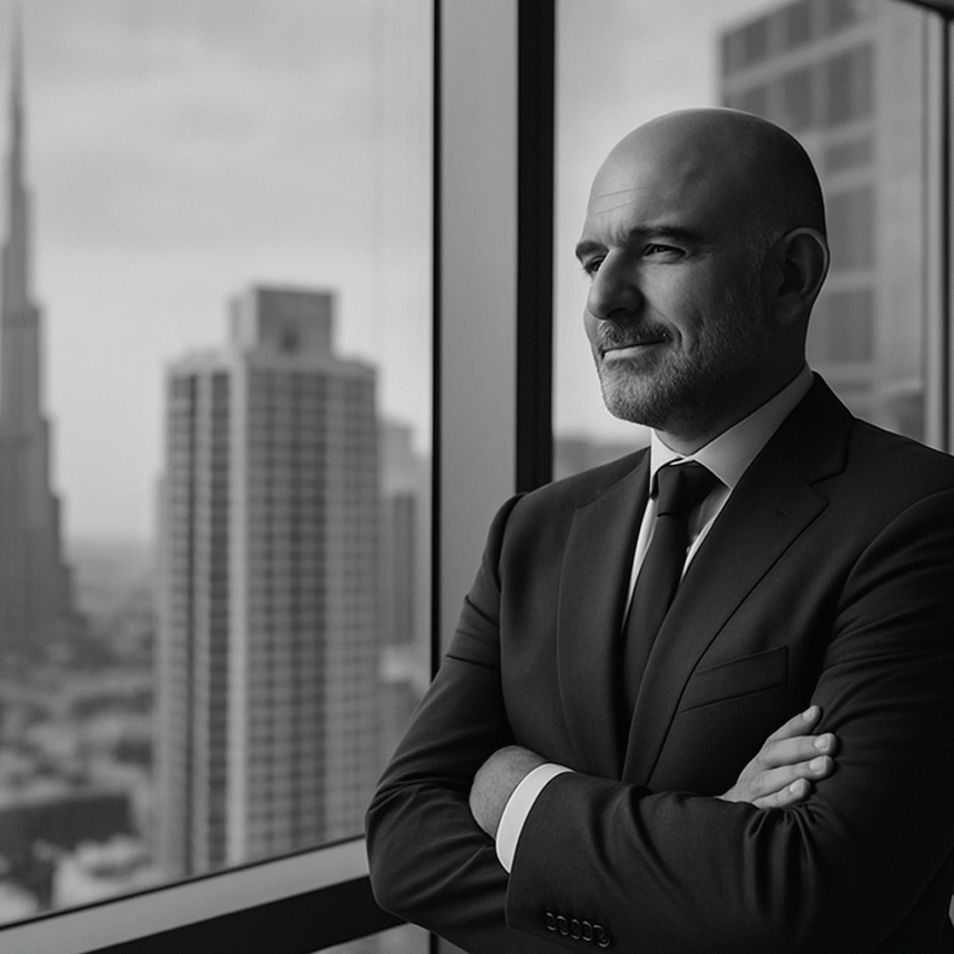 A middle-aged private equity leader in a suit stands confidently by a large office window in Abu Dhabi, reflecting the global strategy of BlueFive Capital.
