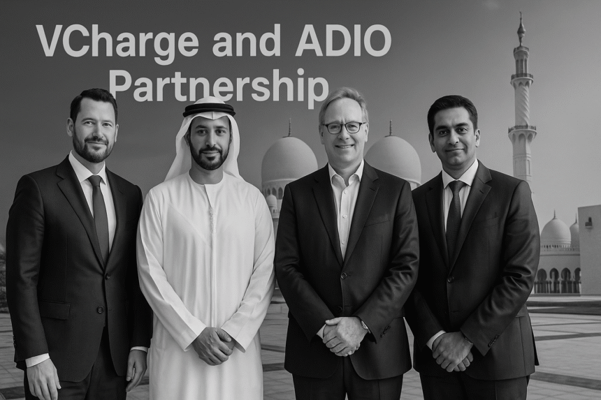 VCharge and ADIO partnership team in Abu Dhabi marking EV manufacturing milestone.
