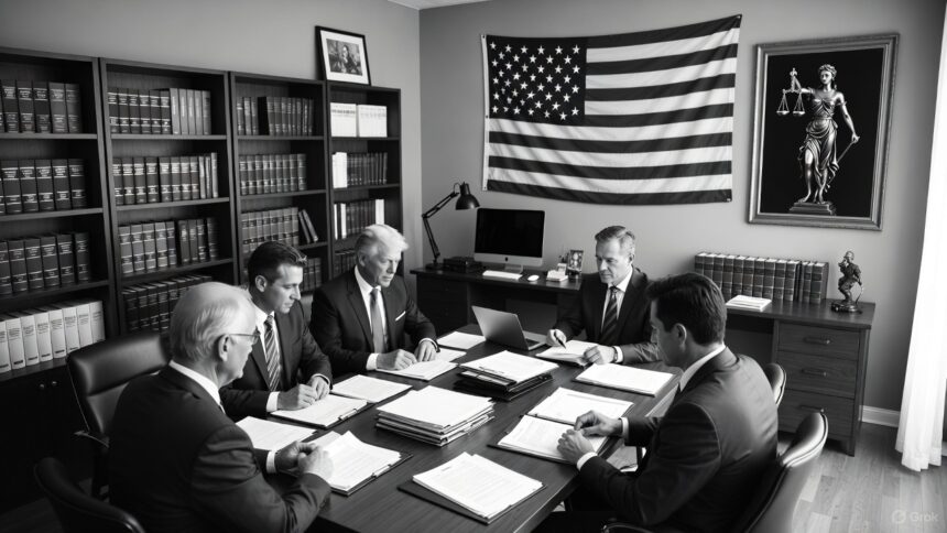 Crypto Compliance Review Meeting A grayscale photograph of four lawyers in a professional U.S. legal office reviewing cryptocurrency SAFT agreements and regulatory compliance documents, with an American flag, Lady Justice artwork, legal bookshelves, and a small physical Bitcoin model on the conference table.